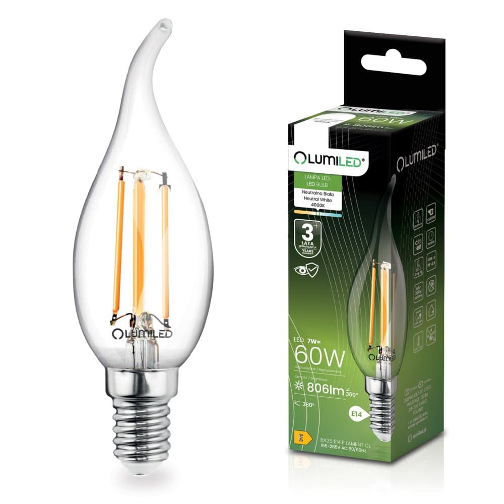 LED žiarovka Flame BA35 E14 7W 770lm 4000K Neutrálne 360° vlákno LUMILED 1