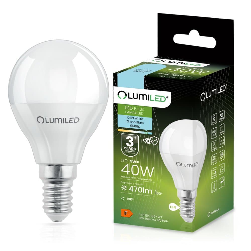 LED žiarovka E14 guľa P45 5W = 40W 470lm 6500K studená 180° LUMILED 1