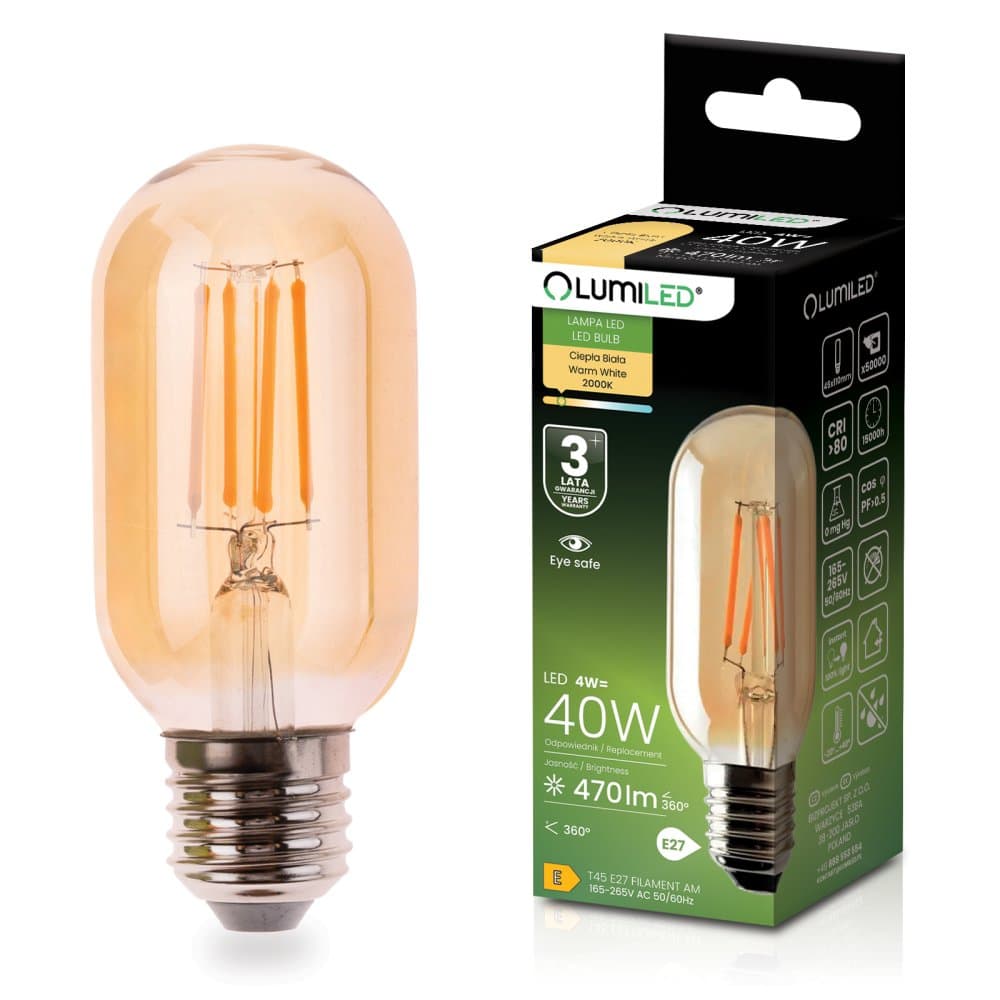 LED žiarovka E27 T45 4W = 40W 470lm 2000K teplá 360° filament amber LUMILED 1