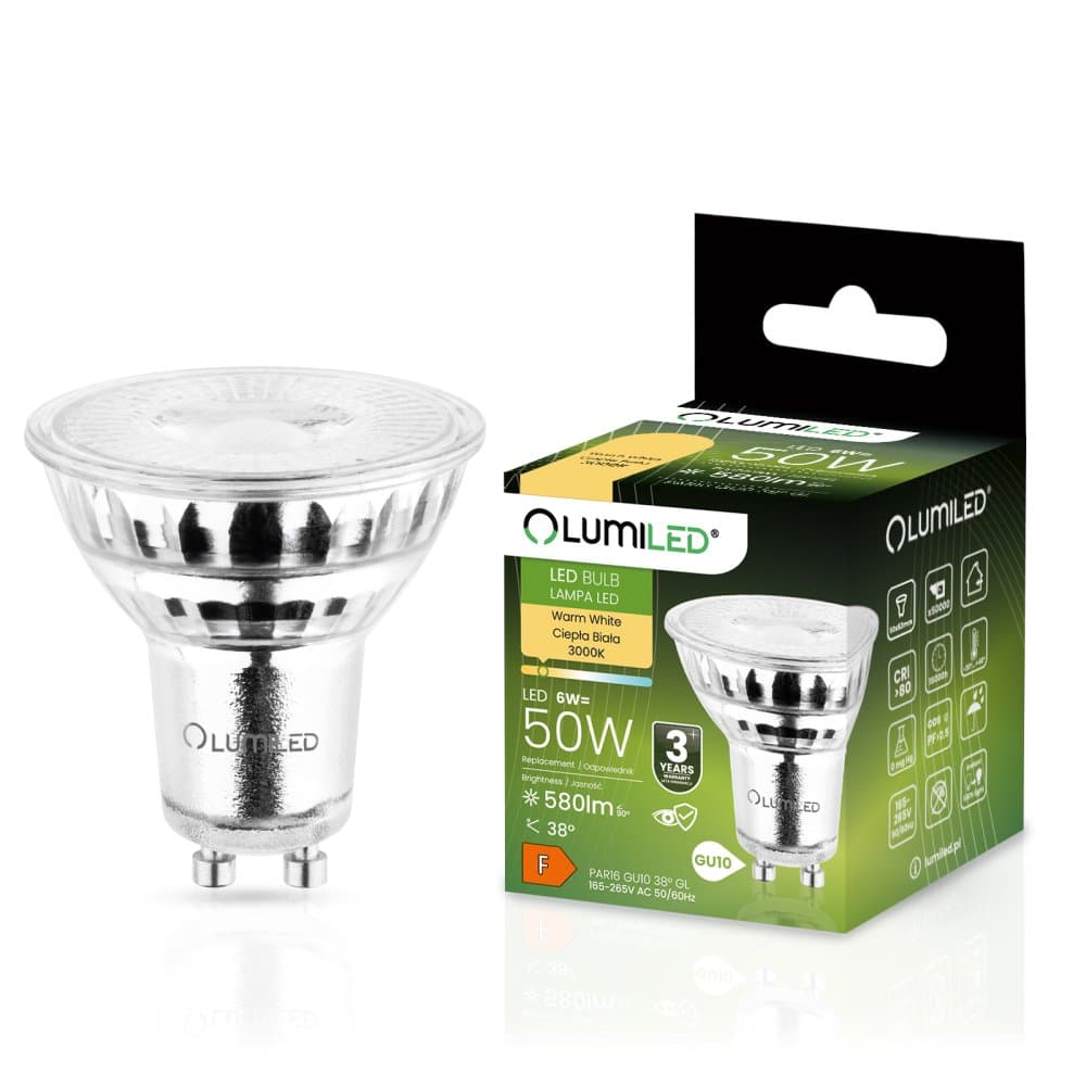 LED žiarovka GU10 6W = 50W 580lm 3000K Warm 38° Glass LUMILED 1