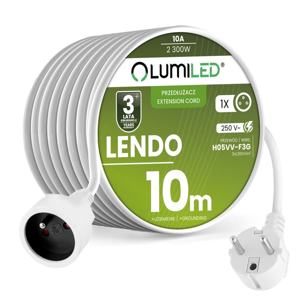 Sieťový predlžovací kábel s uzemnením napájacia lišta 1 zásuvka 10m biely šnúra Lendo Lumiled