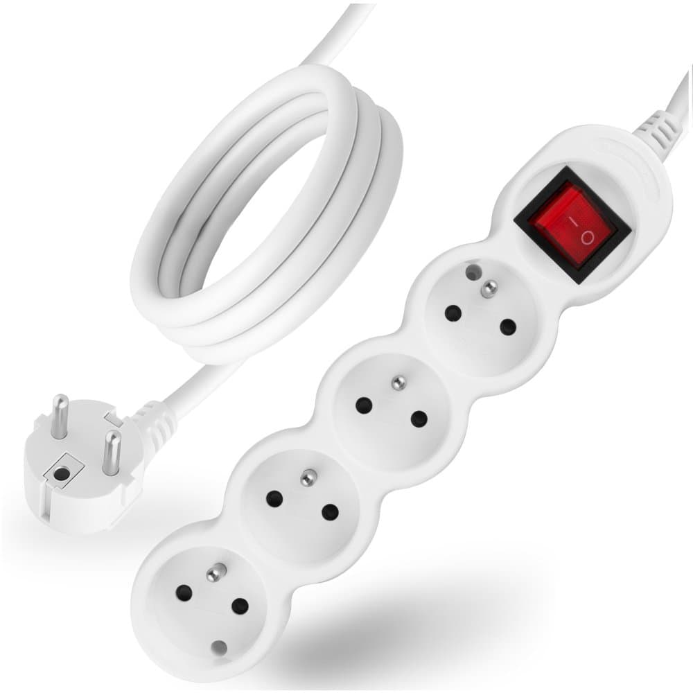 Sieťový predlžovací kábel s uzemnením napájacia lišta 4 zásuvky 3m vypínač ON/OFF biely šnúra Lendo Lumiled