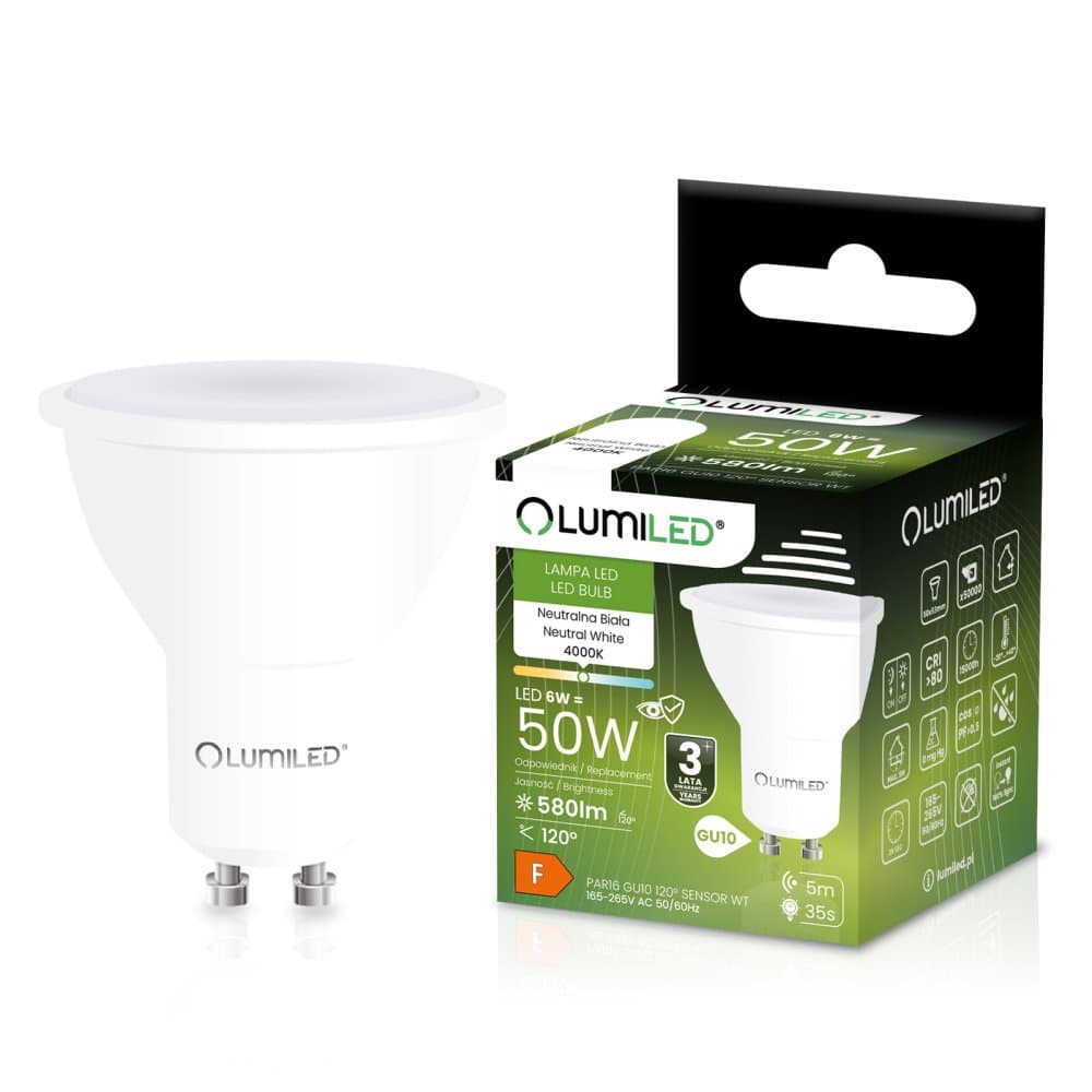 LED žiarovka GU10 reflektor PAR16 6W = 50W 580lm 4000K neutrálna 120° so senzorom pohybu a súmraku LUMILED