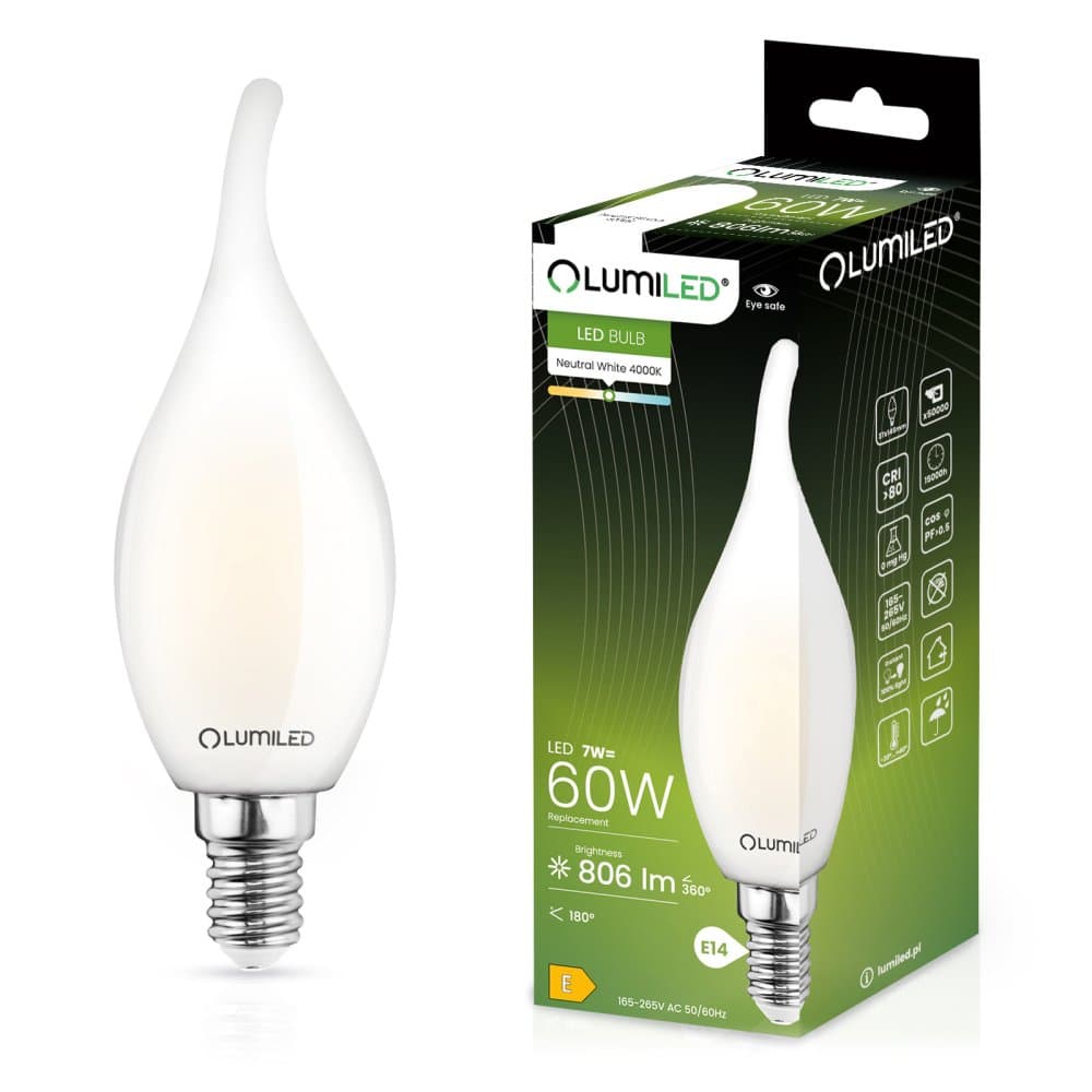 LED žiarovka Flame BA35 E14 7W = 60W 770lm 4000K Neutrálna 360° žiarovka Milk LUMILED 1