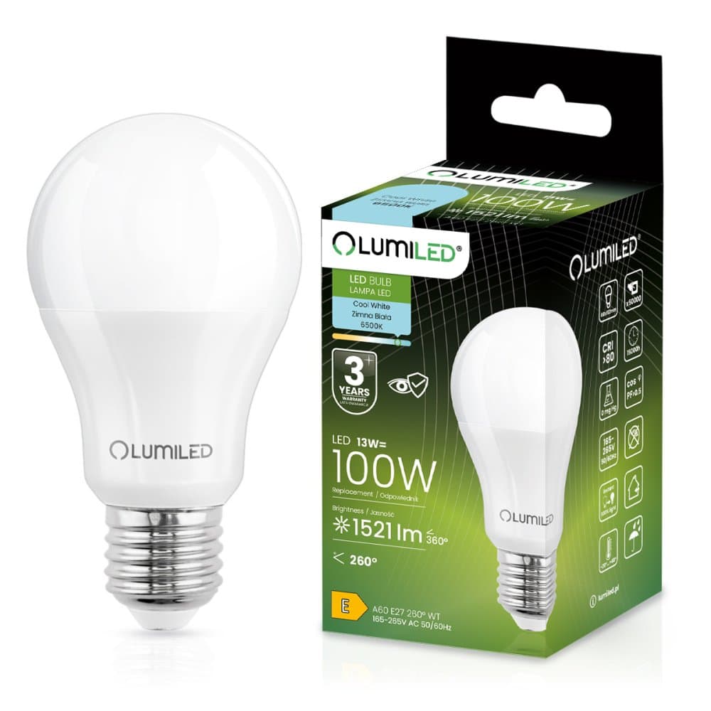 LED žiarovka E27 A60 13W = 100W 1521lm 6500K Cold 260° LUMILED 1