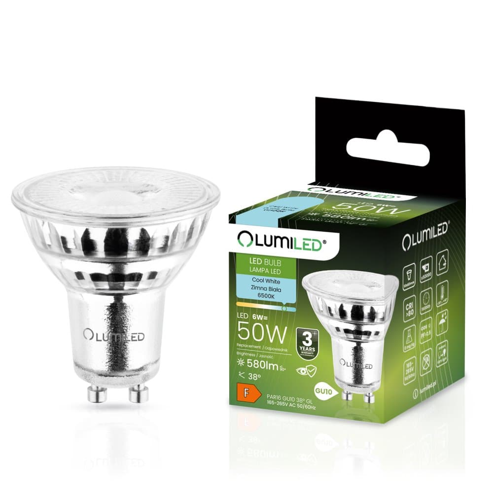 LED žiarovka GU10 6W = 50W 580lm 6500K Studené 38° sklo LUMILED 1
