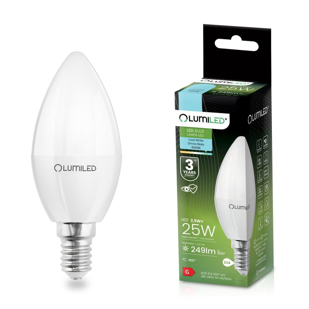 LED žiarovka B35 E14 2,5W = 25W 249lm 6500K Cold 180° LUMILED