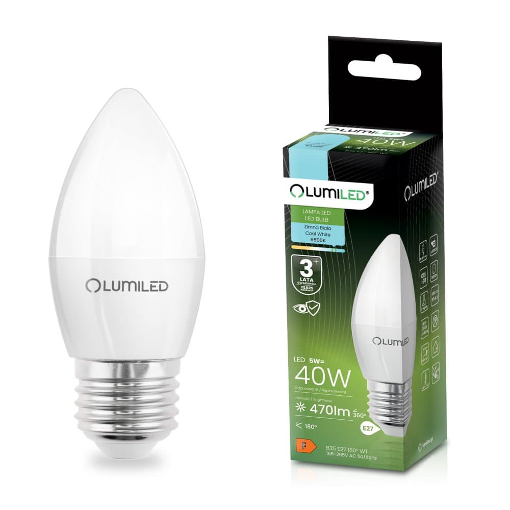 LED žiarovka E27 B35 5W = 40W 470lm 6500K Cold 180° LUMILED