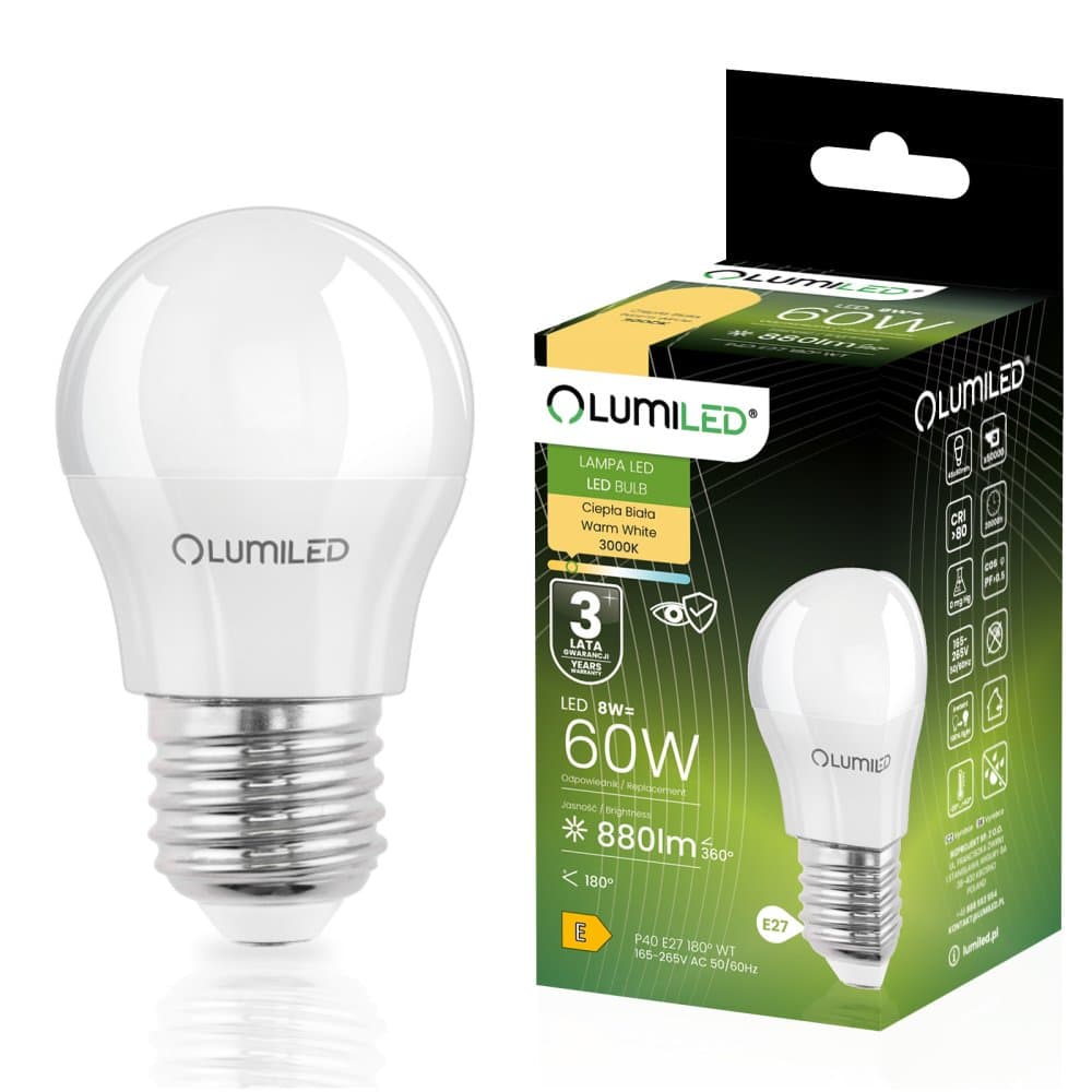 LED žiarovka E27 Ball P45 8W = 60W 880lm 3000K Warm 180° LUMILED 1