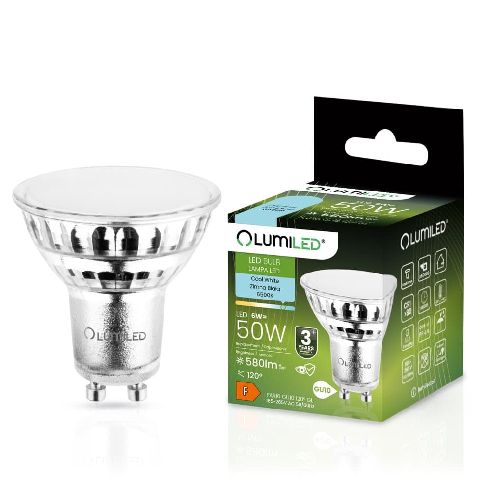 LED žiarovka GU10 6W = 50W 580lm 6500K Cold 120° Glass LUMILED