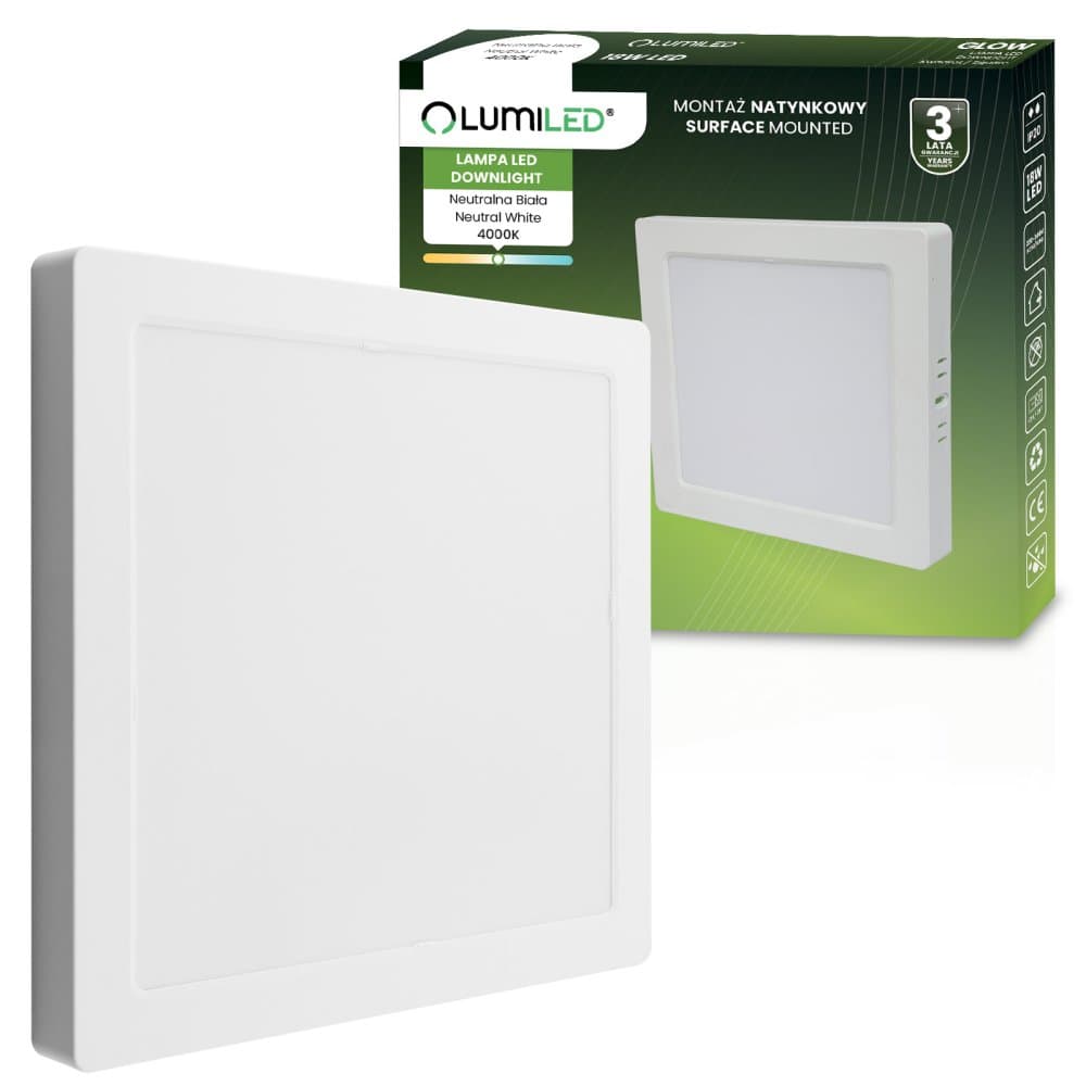 Stropné svietidlo LED s povrchovou montážou 18W Square 4000K GLOW White LUMILED 1