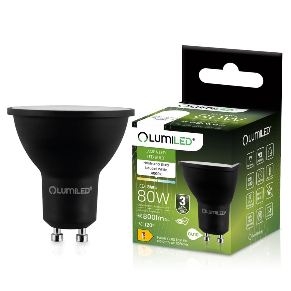 Žiarovka LED GU10 reflektor PAR16 8W = 80W 800lm 4000K neutrálna 120° čierna LUMILED
