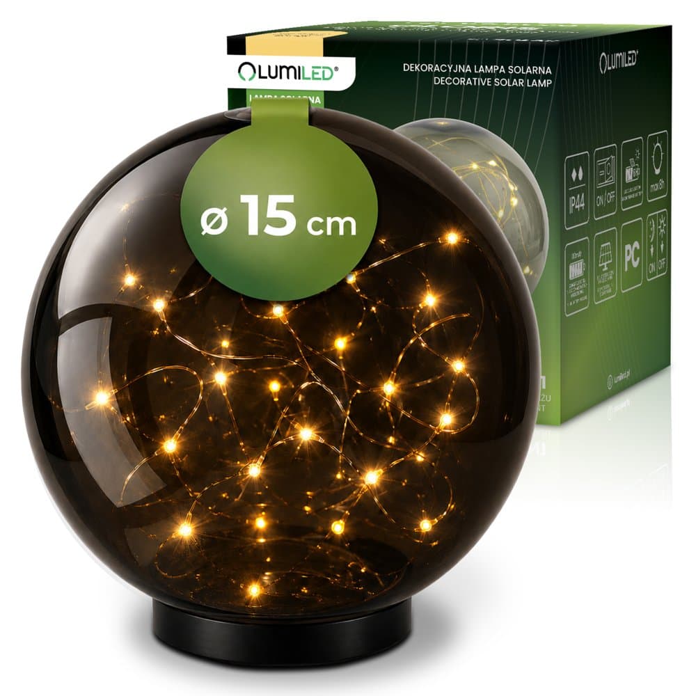 Solárna záhradná lampa LED GLORIS 3000K IP44 zapichovacia na zem ozdobná guľa dymová 15cm LUMILED