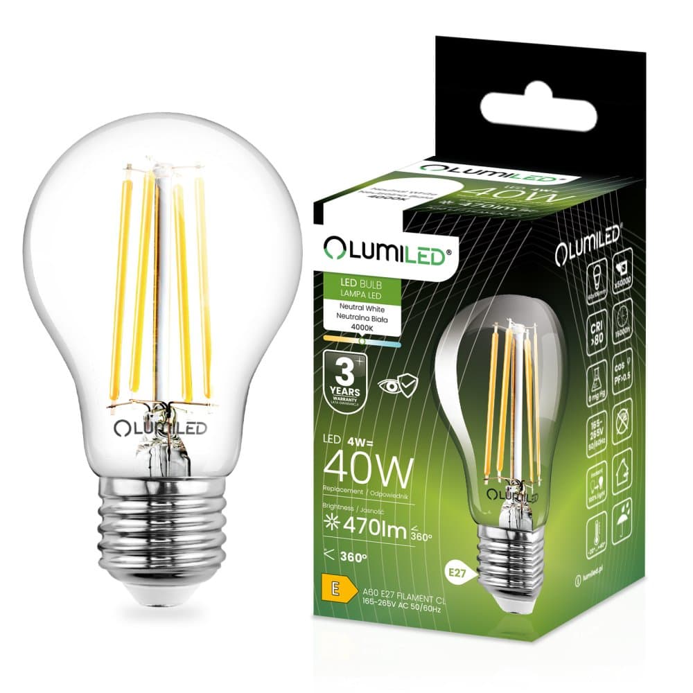 LED žiarovka E27 A60 4W = 40W 470lm 4000lm Neutrálna 360° FILAMENTNÁ ŽIARKA 1