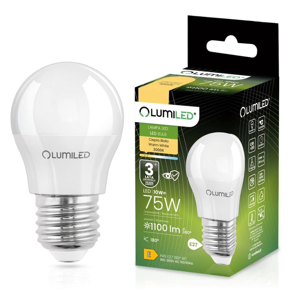 LED žiarovka E27 guľa P45 10W = 75W 1100lm 3000K teplá 180° LUMILED