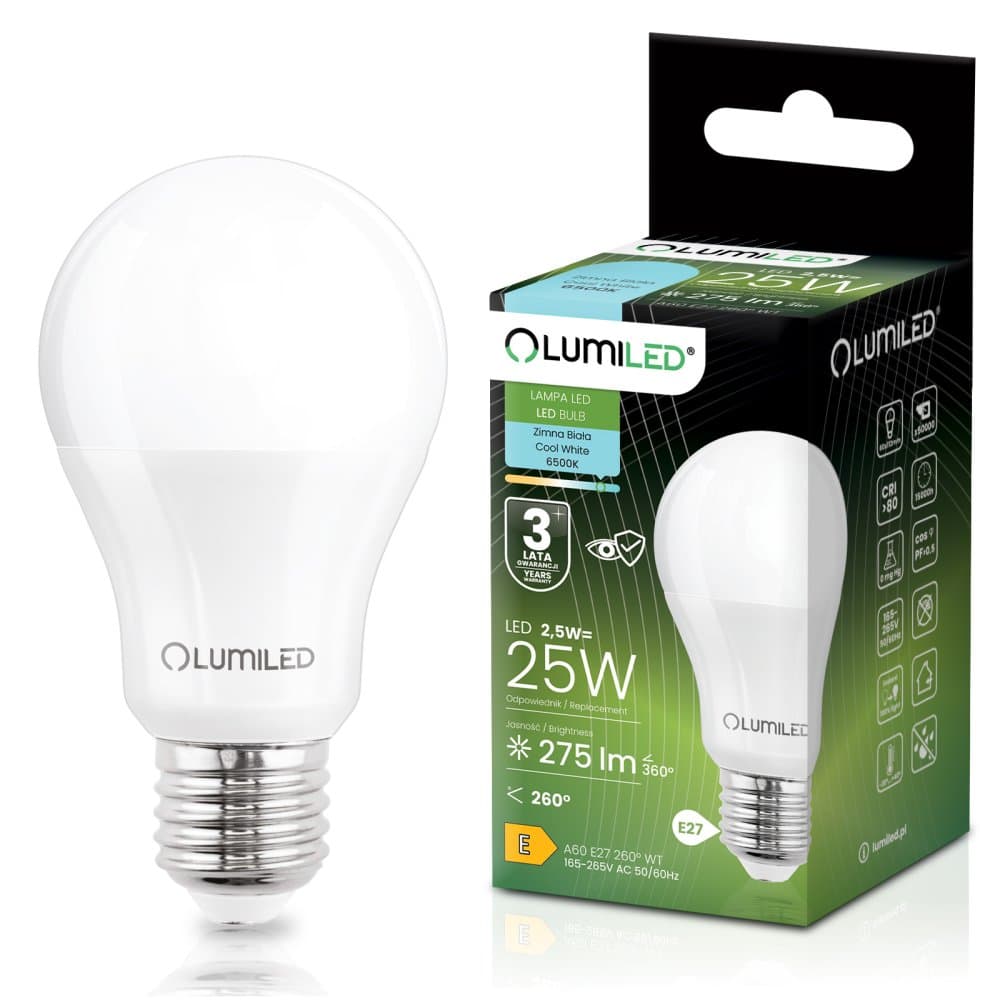 LED žiarovka E27 A60 2, 5W = 25W 275lm 6500K studená 260° LUMILED