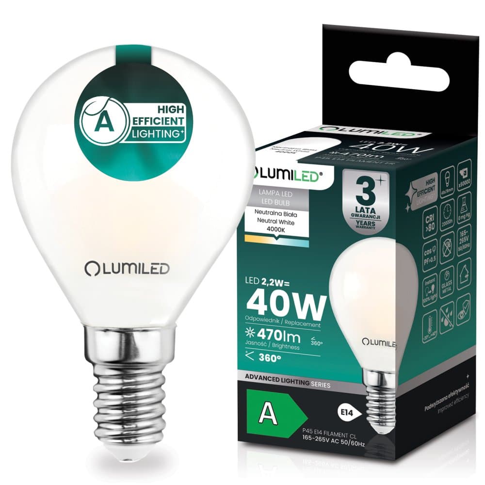 LED žiarovka E14 guľka P45 2, 2W 470lm = 40W 4000K neutrálna 360° filament KLASA A LUMILED