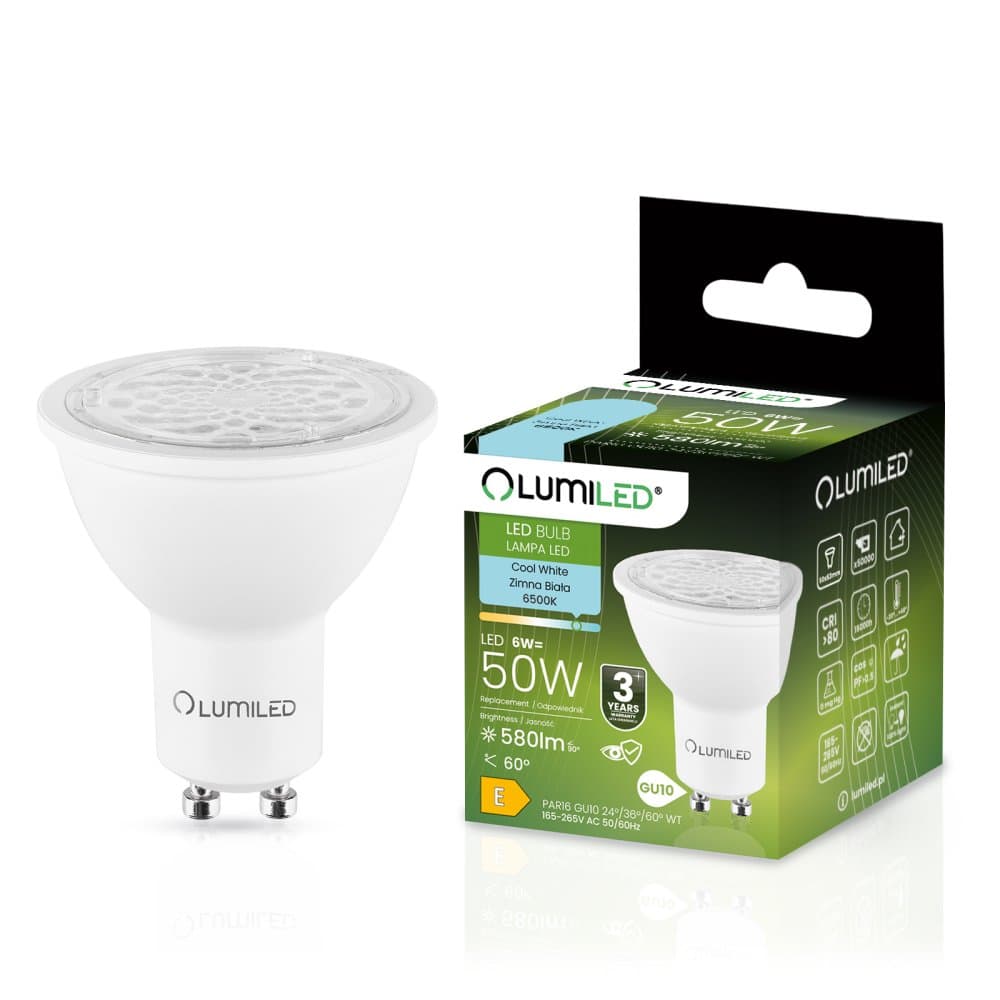 LED žiarovka GU10 6W = 50W 580lm 6500K Studená nastaviteľná 24° 36° 60° LUMILED
