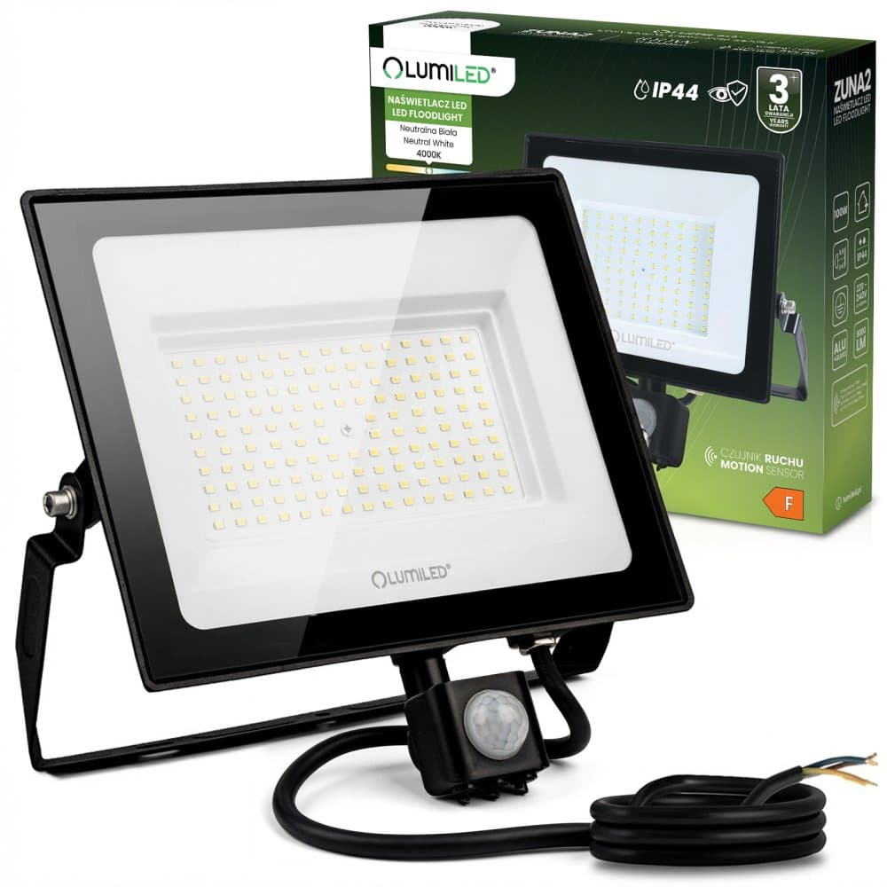 LED reflektor ZUNA2 100W 9000lm 4000K IP44 čierny so senzorom pohybu LUMILED 1