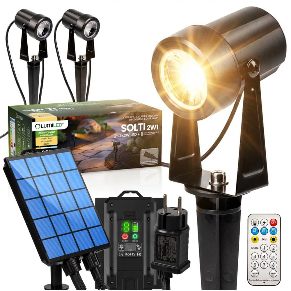 Solárna zapichovacia lampa záhradná 3x LED 3000K reflektor 11m + diaľkové ovládanie SOLTI LUMILED