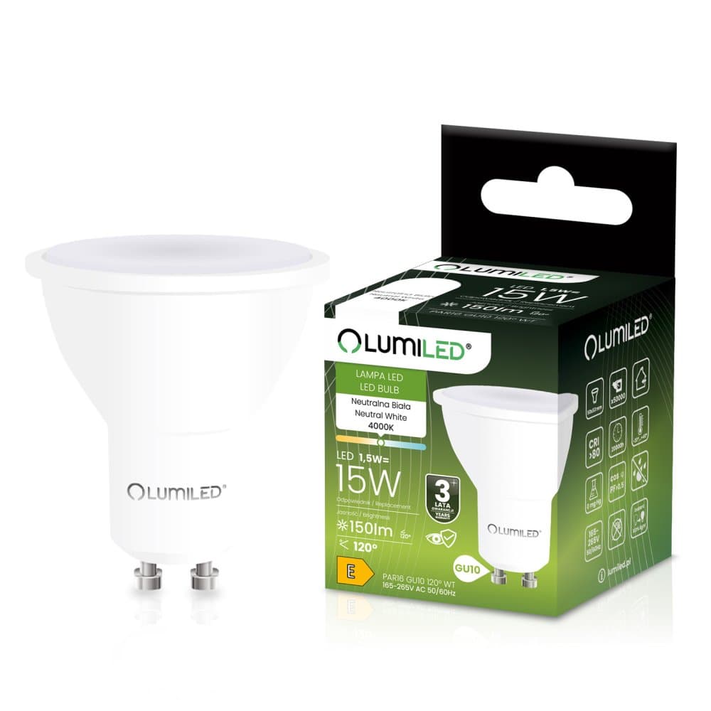 Žiarovka LED GU10 reflektor PAR16 1.5W = 15W 150lm 4000K neutrálna 120° LUMILED 1