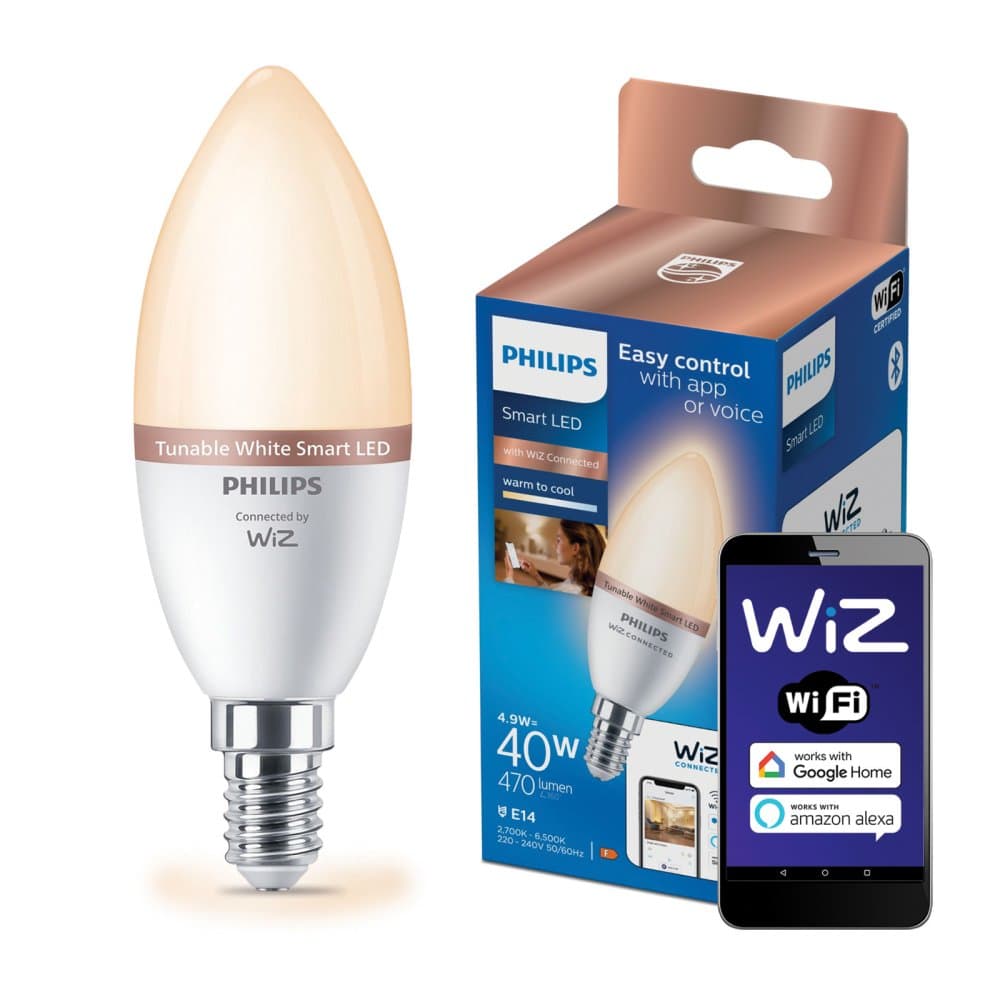 LED žiarovka E14 Candle C37 4,9W = 40W 470lm 2700-6500K TW Smart SMART WiFi Bluetooth App WiZ Philips 1