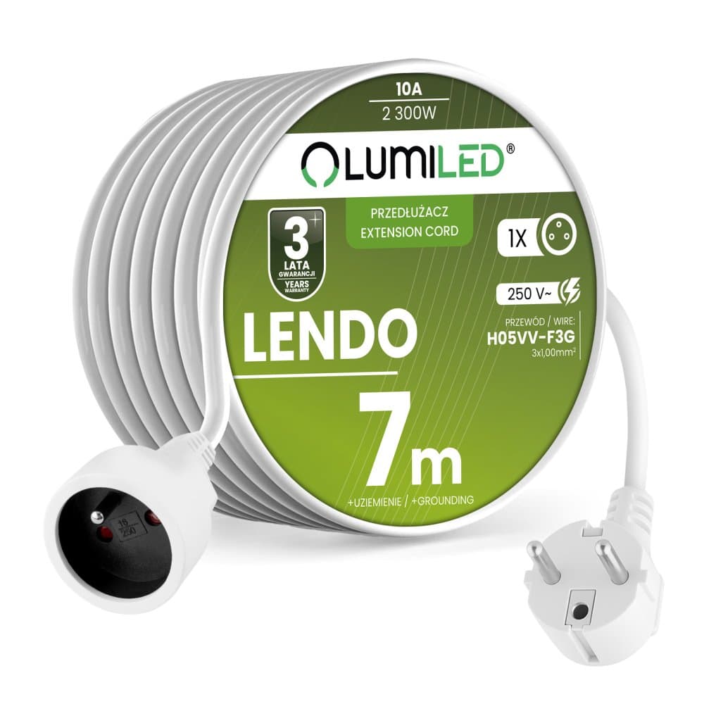 Sieťový predlžovací kábel s uzemnením napájacia lišta 1 zásuvka 7m biely šnúra Lendo Lumiled