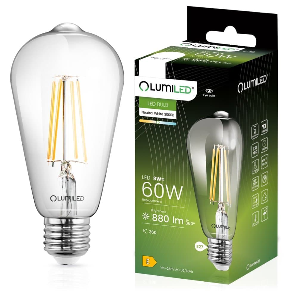 LED žiarovka E27 ST64 8W = 60W 880lm 3000K Warm 360° Filament LUMILED 1
