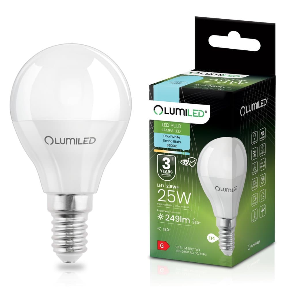 LED žiarovka E14 P40 2,5W = 25W 249lm 6500K Cold 180° LUMILED