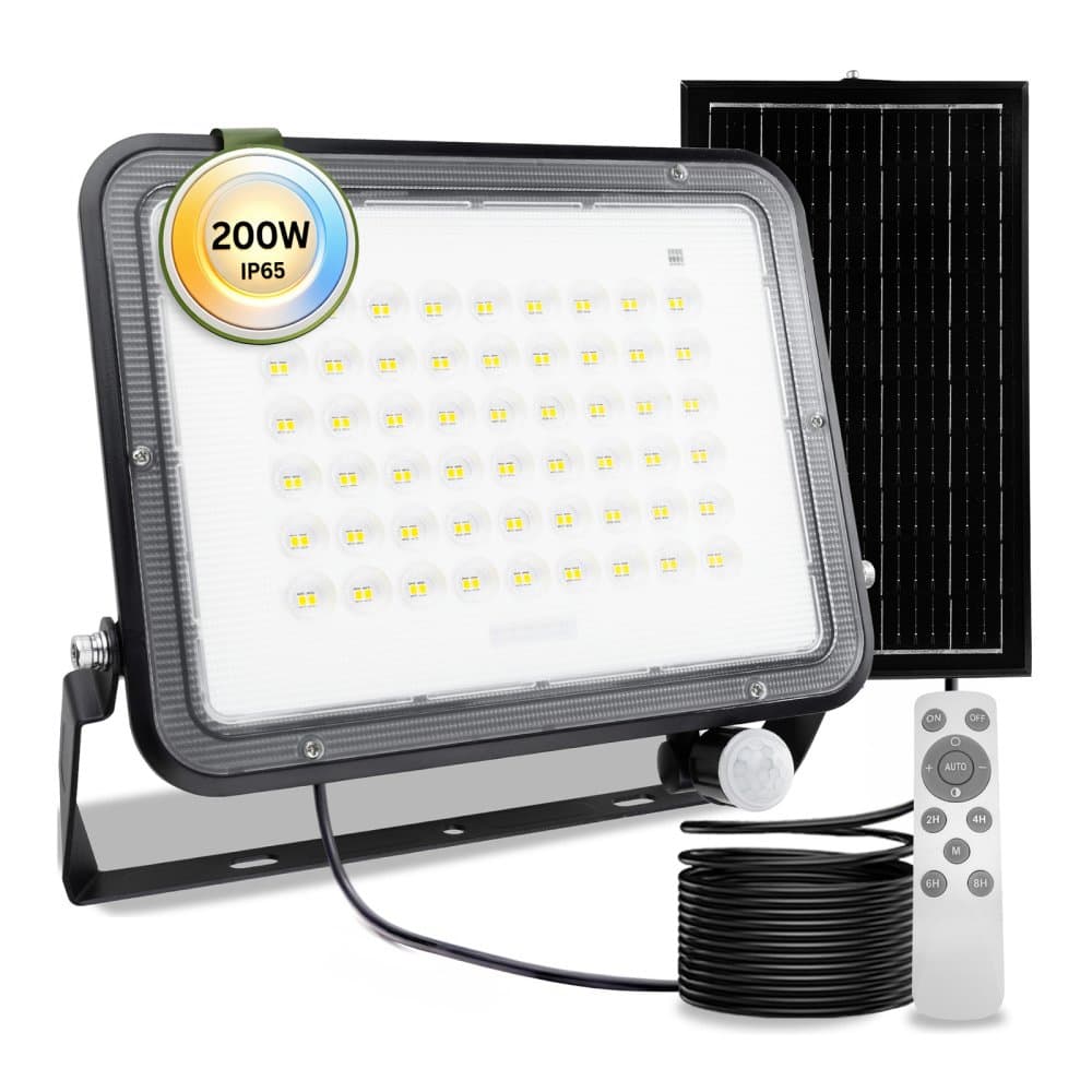Solárne LED halogénové reflektory 200W Záhradná lampa 4000K IP65 PIR senzor pohybu + diaľkové ovládanie FULGOR LUMILED 1