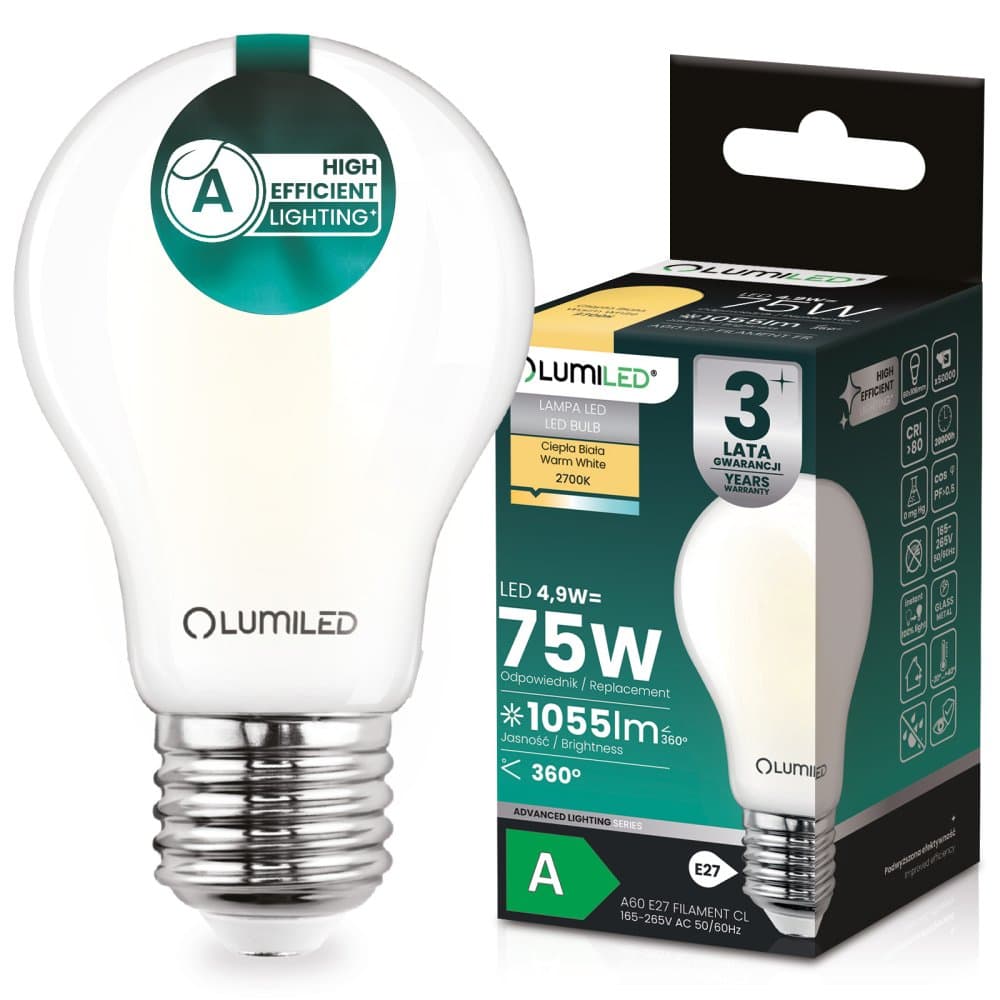 Žiarovka LED E27 A60 4, 9W 1055lm = 75W 2700K teplá 360° filament KLASA A LUMILED