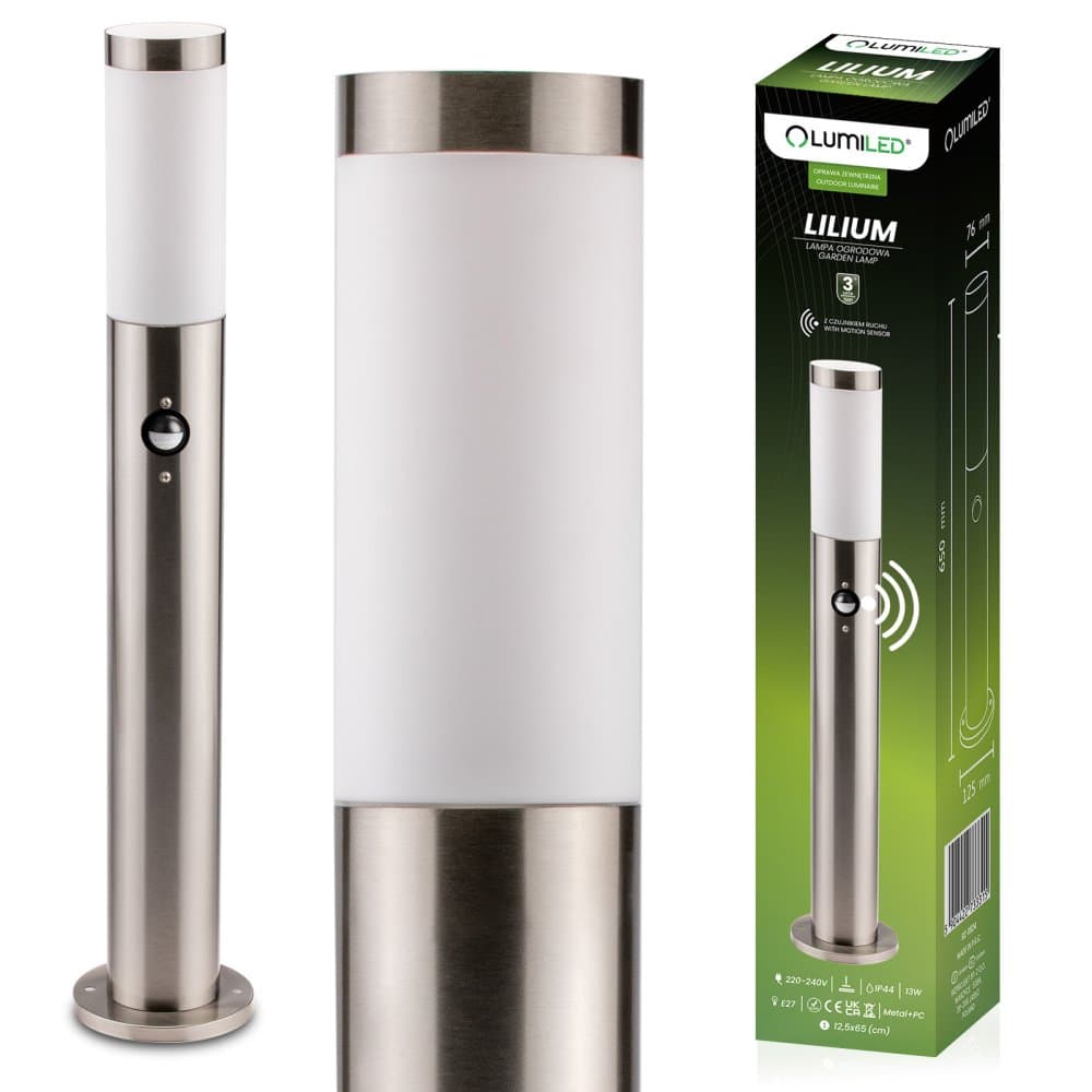 Záhradný stĺpik vonkajší E27 INOX 65cm so senzorom pohybu Lilium LUMILED 1