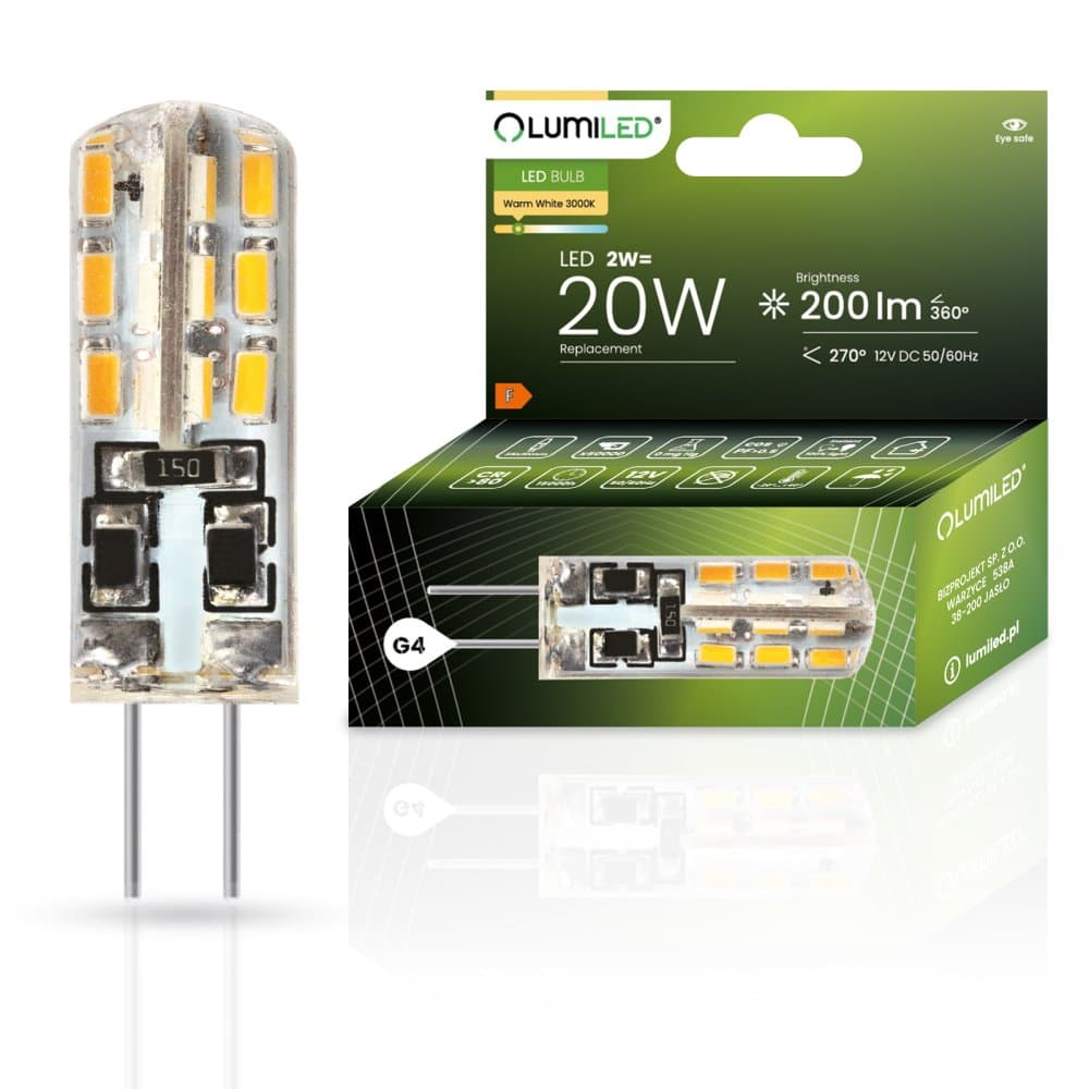 LED žiarovka G4 s päticou 2W = 20W 200lm 3000K teplá 270° LUMILED