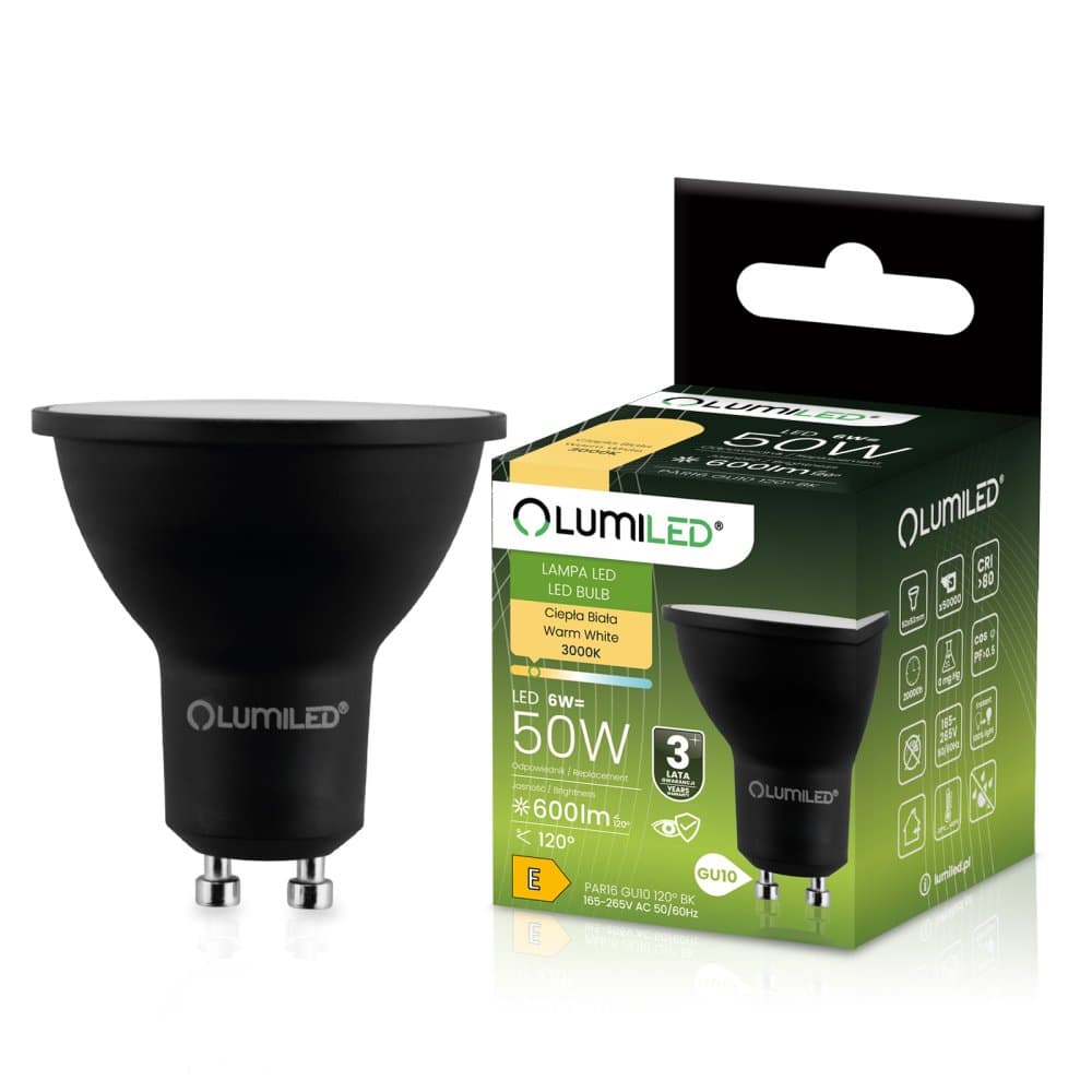 Žiarovka LED GU10 reflektor PAR16 6W = 50W 600lm 3000K teplá 120° čierna LUMILED
