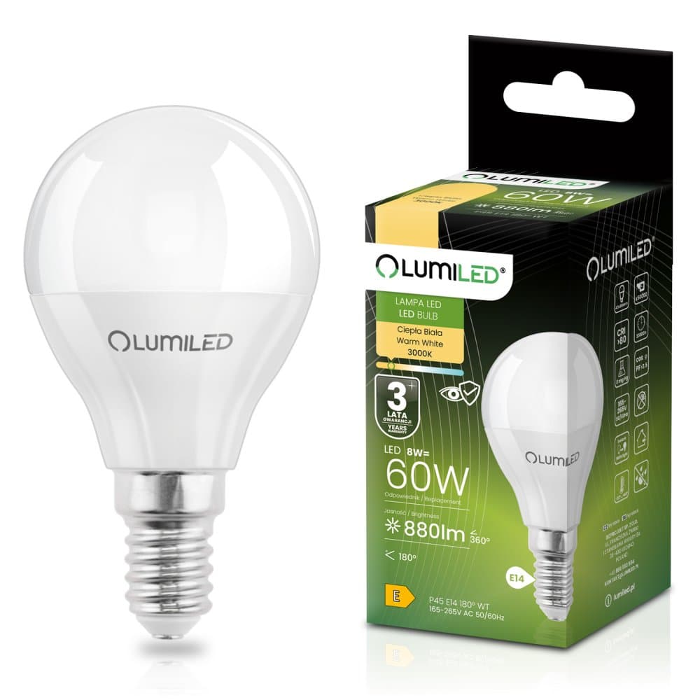 LED žiarovka E14 guľa P45 8W = 60W 880lm 3000K teplá 180° LUMILED