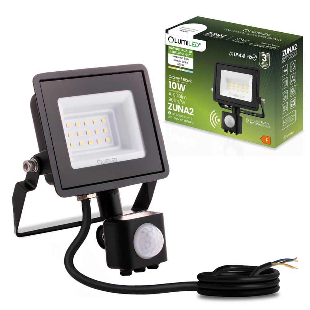 LED reflektor ZUNA2 10W 900lm 4000K IP44 Black Senzor pohybu LUMILED