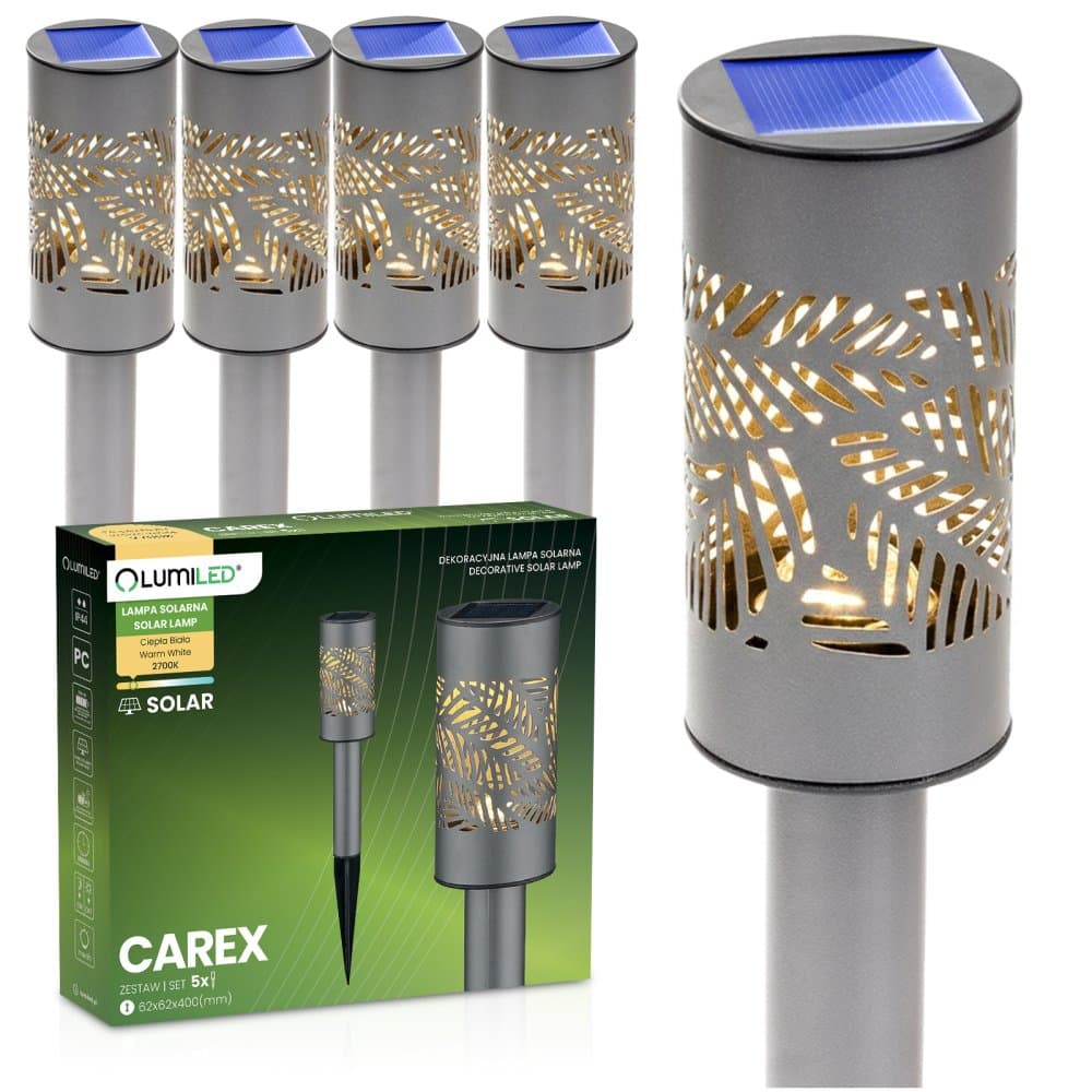 5x Solárna záhradná lampa LED 2700K zapichovací stĺpik priehľadný CAREX LUMILED