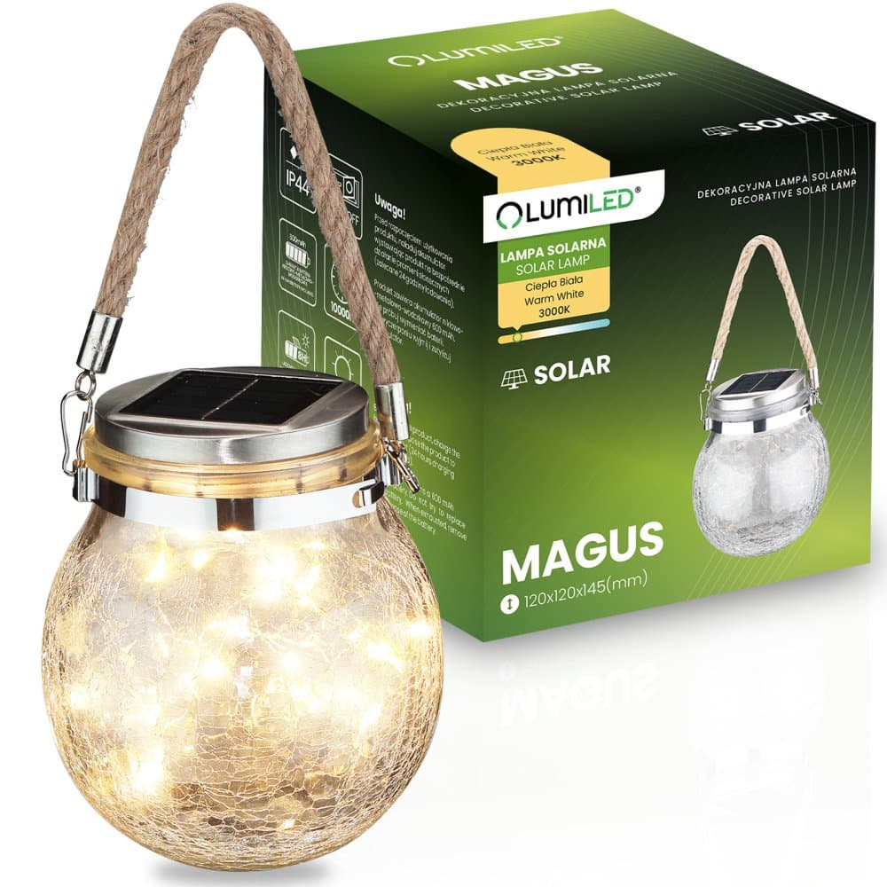 Solárna záhradná lampa LED MAGUS 3000K lampáš lucerna na batérie guľa sklenená pohár LUMILED 1