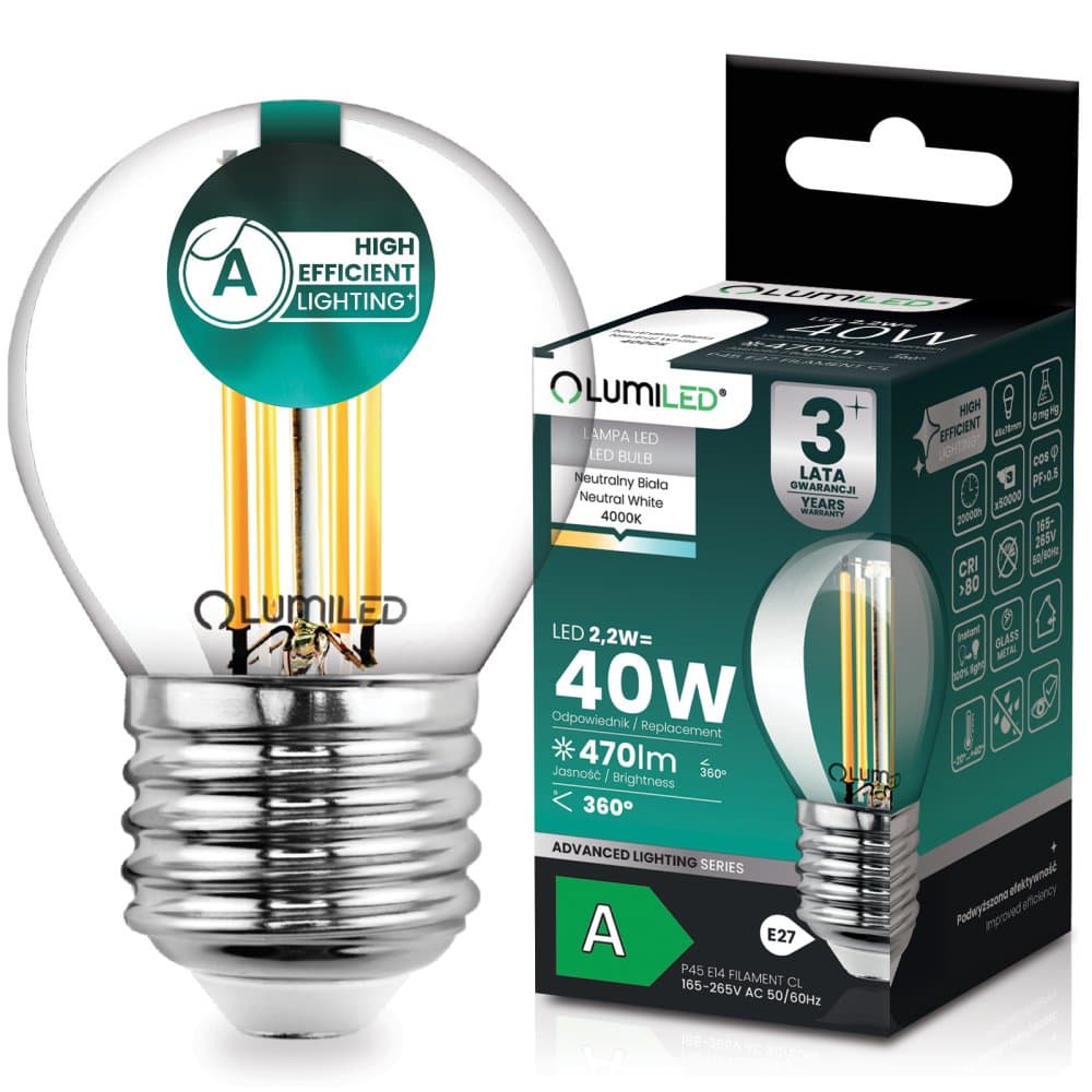LED žiarovka E27 guľa P45 2, 2W 470lm = 40W 4000K neutrálna 360° filament KLASA A LUMILED
