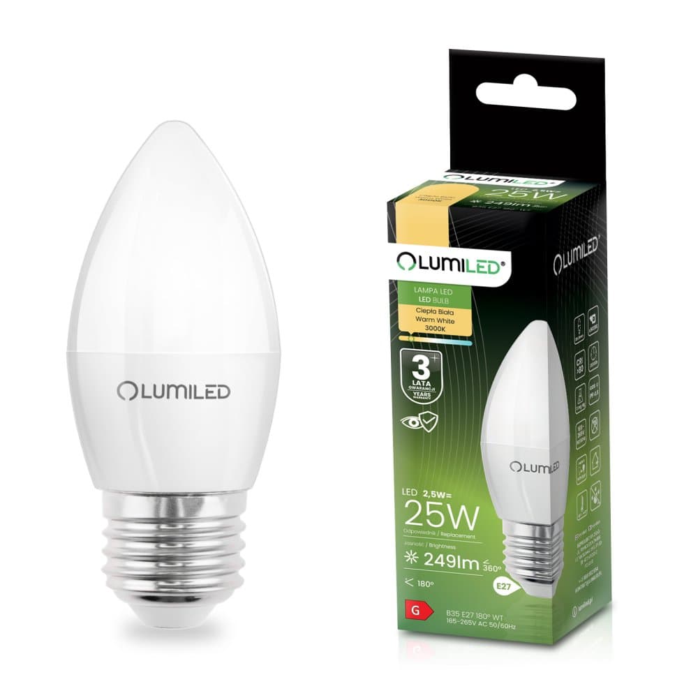 LED žiarovka E27 B35 2,5W = 25W 249lm 3000K Warm 180° LUMILED