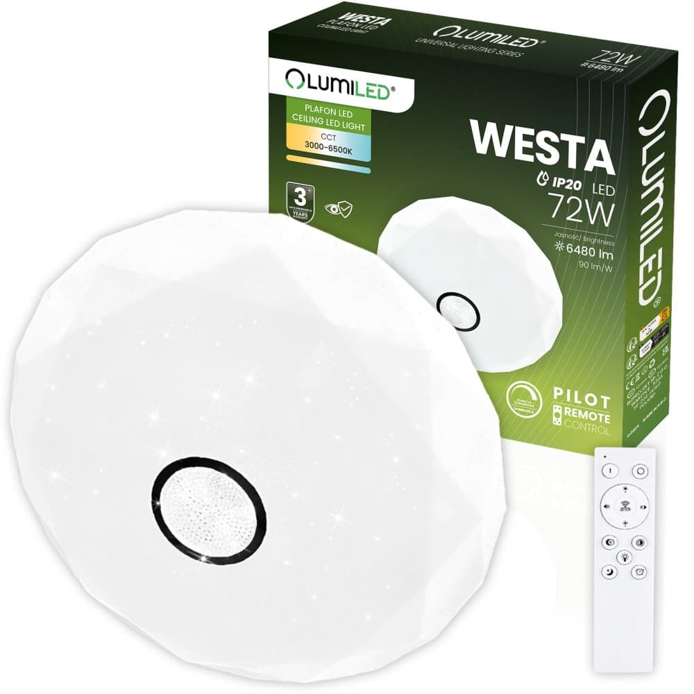 LED stropný plafón WESTA 72W CCT biely okrúhly 50cm + PILOT LUMILED 1