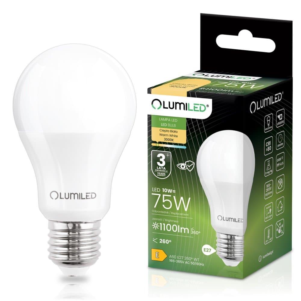 LED žiarovka E27 A60 10W = 75W 1100lm 3000K teplá 260° LUMILED 1