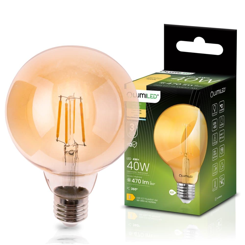 LED žiarovka E27 guľa G95 4W = 40W 470lm 2000K teplá 360° jantárová filament LUMILED