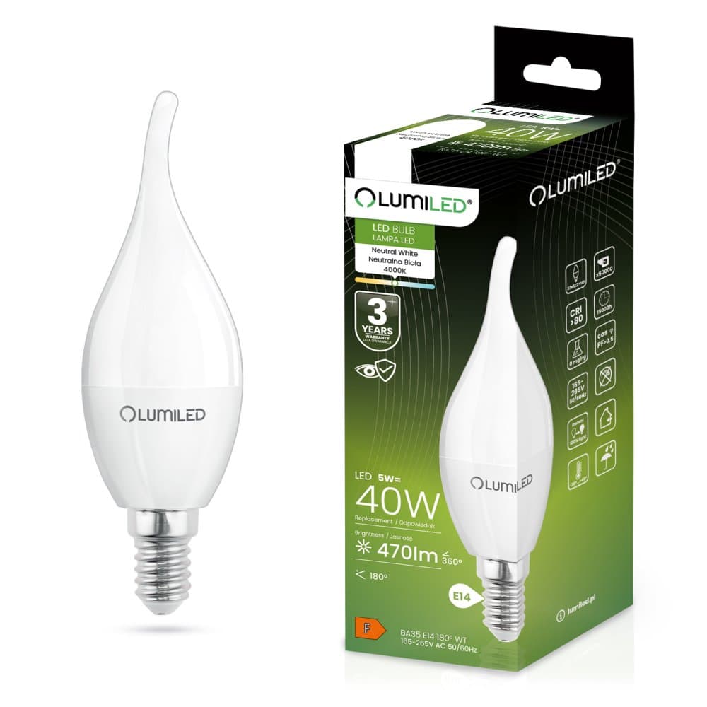 LED žiarovka E14 BA35 5W = 40W 470lm 4000lm Neutrálna 180° LUMILED 1