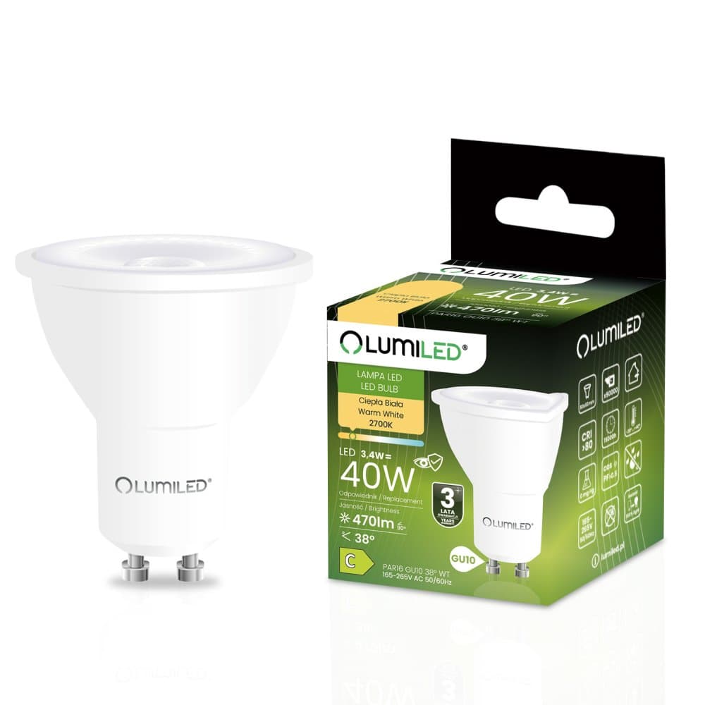 LED žiarovka GU10 reflektor PAR16 3, 4W = 40W 470lm 2700K teplá 38° LUMILED