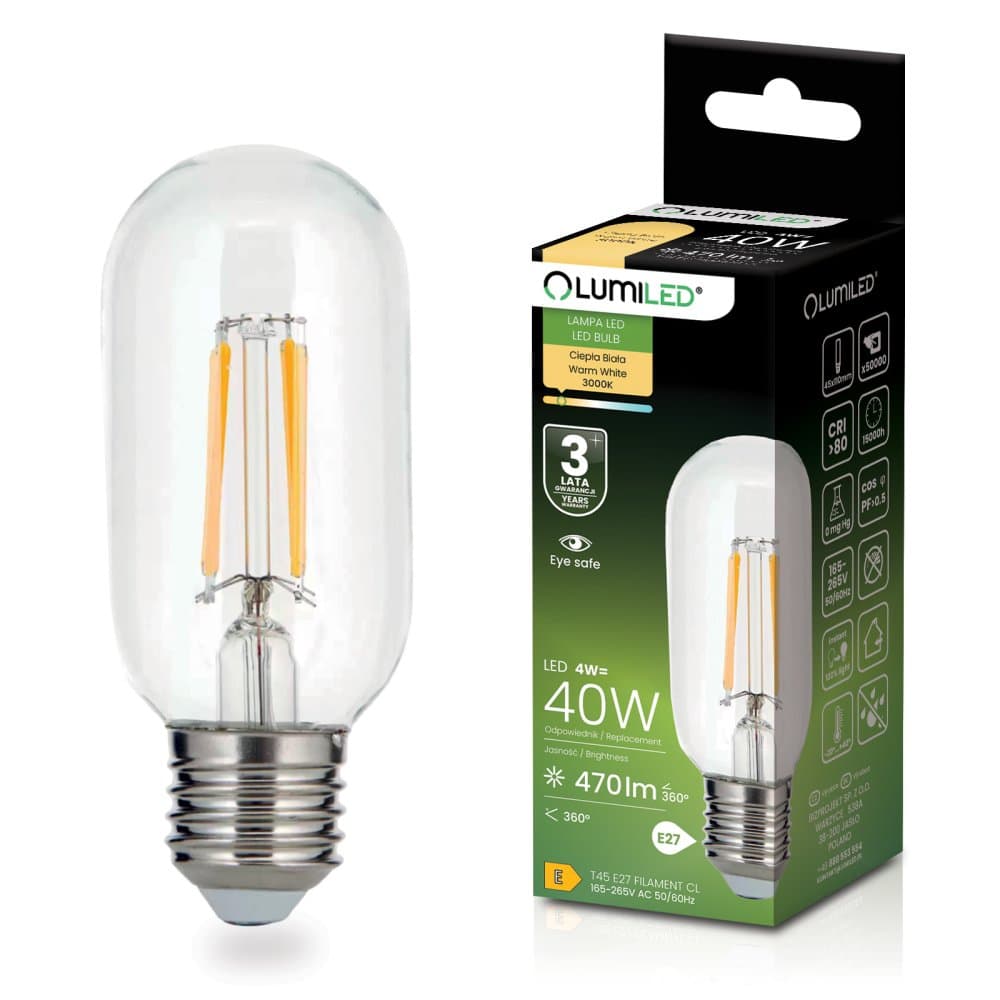 LED žiarovka E27 T45 FILAMENT 4W = 40W 470LM 3000K teplá 360° dekoratívna LUMILED