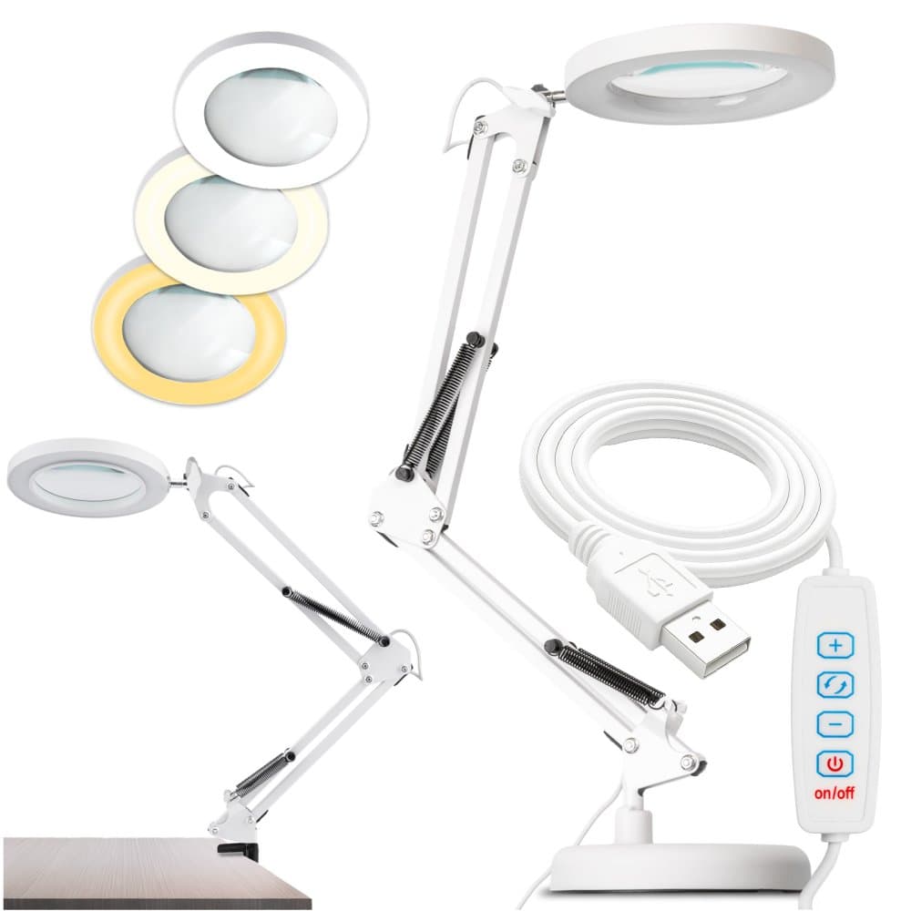 LED stolová lampa 8W CCT kresliarská 3x zväčšovacie sklo lupa LUCA 2 biela LUMILED