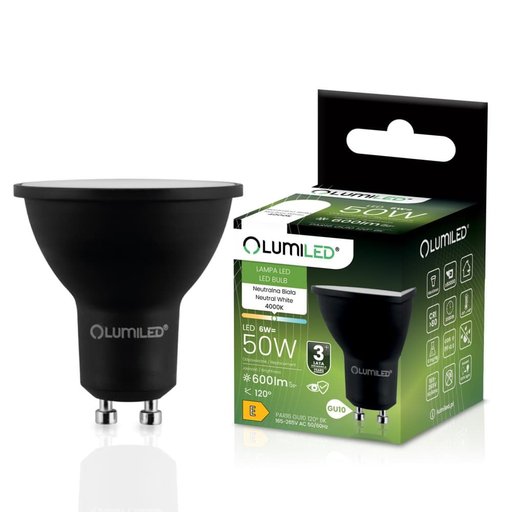 LED žiarovka GU10 reflektor PAR16 6W = 50W 600lm 4000K neutrálna 120° čierna LUMILED