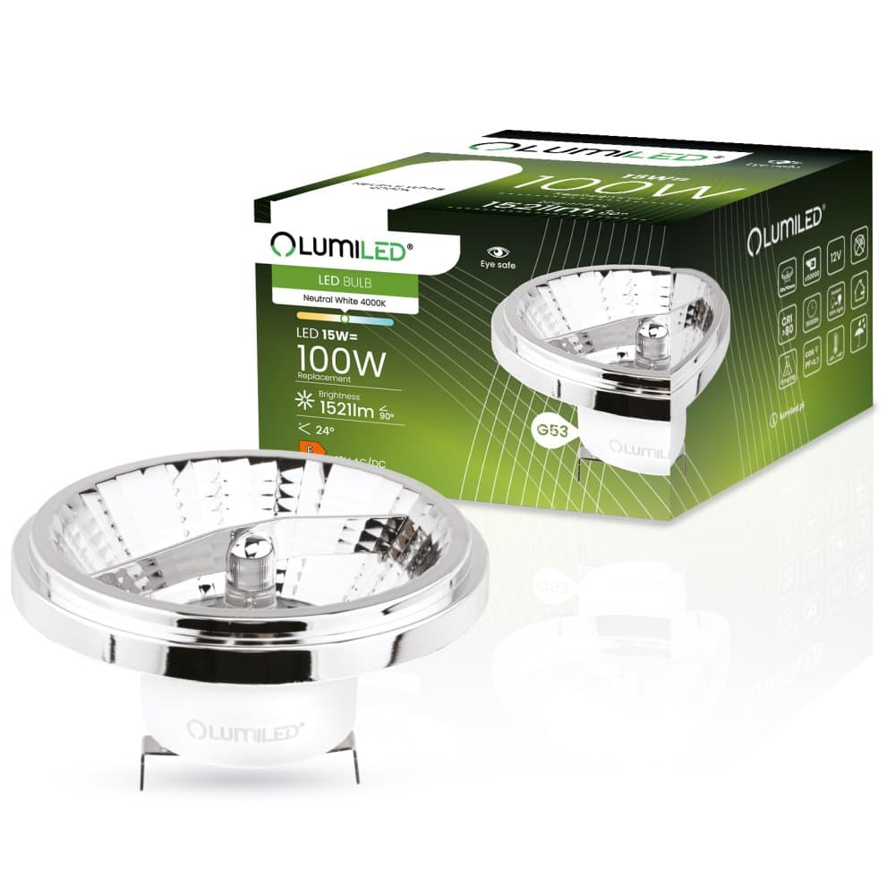 LED žiarovka G53 AR111 15W = 100W 1521lm 4000K Neutrálna 24° 12V DC Silver LUMILED 1