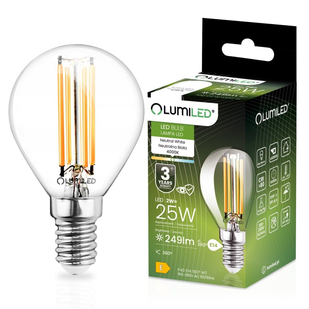 LED žiarovka E14 Ball P45 2W = 25W 249lm 4000K Neutral 360° FILAMENT LUMILED